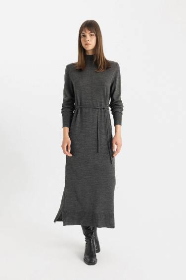 Regular Fit Half Turtleneck Basic Slit Maxi Knitwear Dress