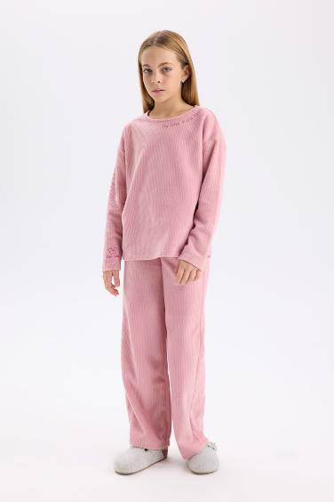 Girl Plush Long Sleeve Top Bottom 2 Piece Pajama Set