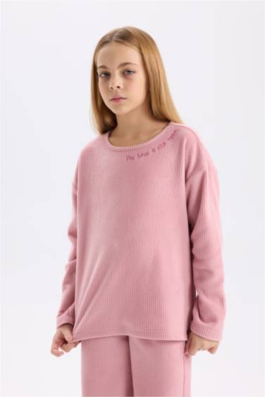 Girl Plush Long Sleeve Top Bottom 2 Piece Pajama Set