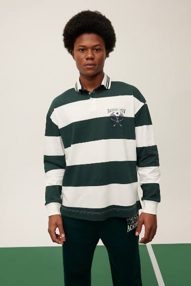 DeFactoFit Boxy Fit Striped Long Sleeve Polo Shirt