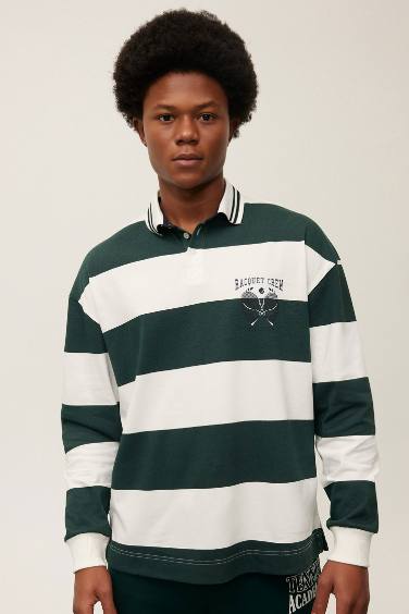 DeFactoFit Boxy Fit Striped Long Sleeve Polo Shirt