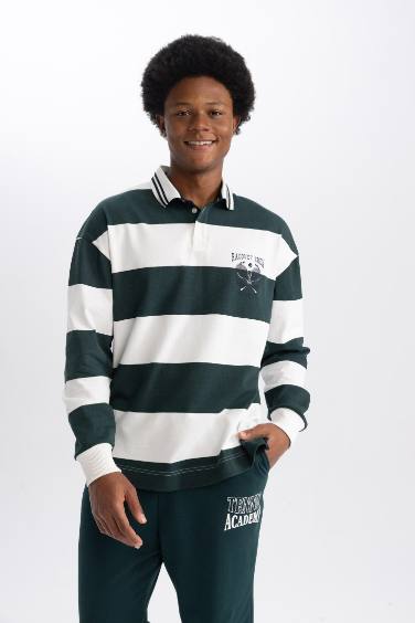 DeFactoFit Boxy Fit Striped Long Sleeve Polo Shirt
