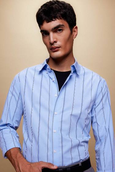 Modern Fit Polo Collar Striped Woven Long Sleeve Shirt