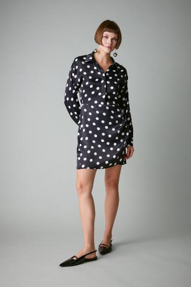 Shirt Collar Satin Polka Dot Mini Dress