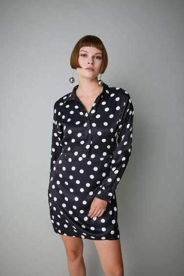 Shirt Collar Satin Polka Dot Mini Dress