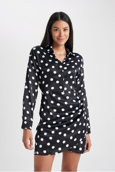 Shirt Collar Satin Polka Dot Mini Dress
