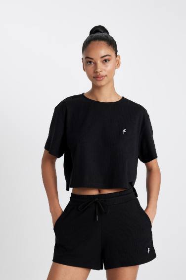 DeFactoFit Crew Neck Sports Ribbed Crop T-Shirt