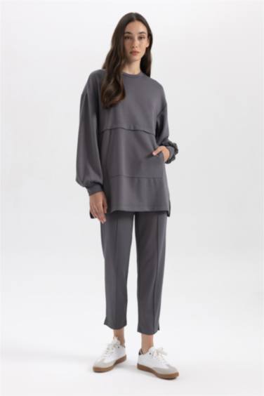 تونيك كم طويل قصة عادية بياقة مستديرة