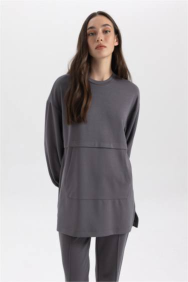 تونيك كم طويل قصة عادية بياقة مستديرة