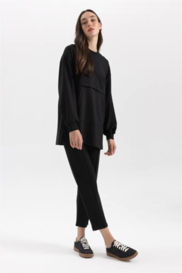 تونيك كم طويل قصة عادية بياقة مستديرة