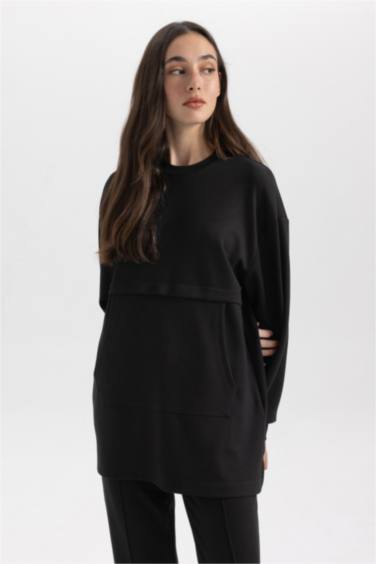 تونيك كم طويل قصة عادية بياقة مستديرة