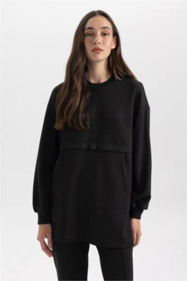 تونيك كم طويل قصة عادية بياقة مستديرة