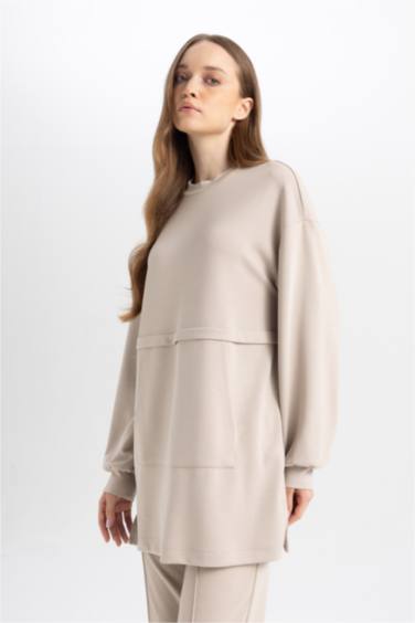 Regular Fit Bisiklet Yaka Kanguru Cepli Basic Düz Sweatshirt Tunik