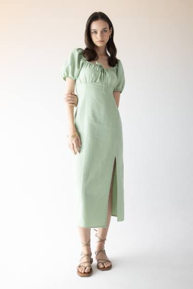 Robe Midi en Lin à Manches Courtes encolure Froncée et Fendue Sur Les Épaules