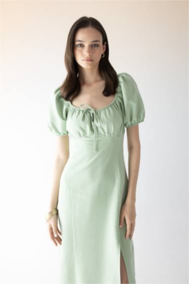 Robe Midi en Lin à Manches Courtes encolure Froncée et Fendue Sur Les Épaules