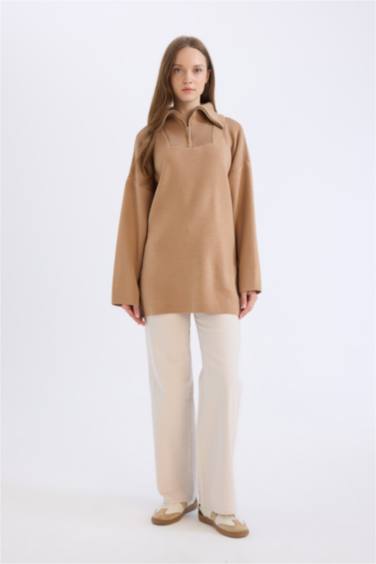 Regular Fit Fermuarlı Dik Yaka Triko Kazak Tunik