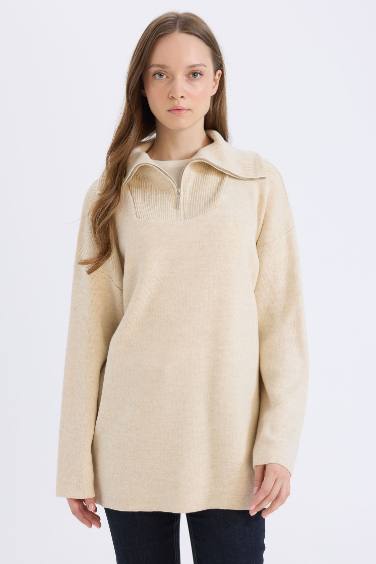 Regular Fit Zippered Stand Collar Knitwear Tunic