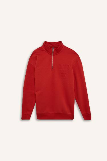 Comfort Regular Fit Rahat Kalıp Dik Yaka Fermuarlı Baskılı Sweatshirt