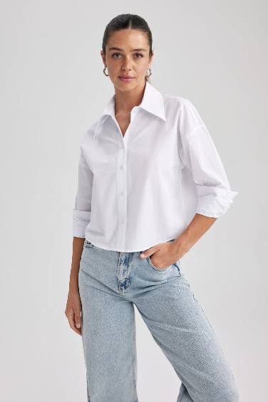 Crop Shirt Collar Poplin Long Sleeve Shirt