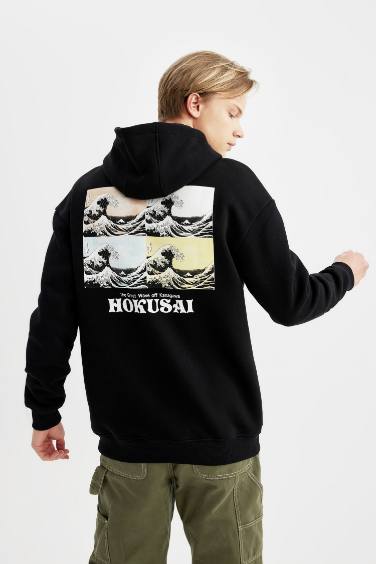 Art Hokusai Boxy Fit Kapüşonlu Sırt Baskılı Sweatshirt