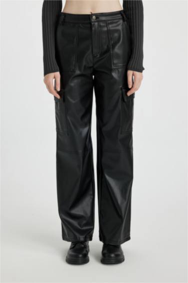 Suni Deri Pantolon Wide Leg Geniş Bol Paça Kargo Cepli Basic Düz