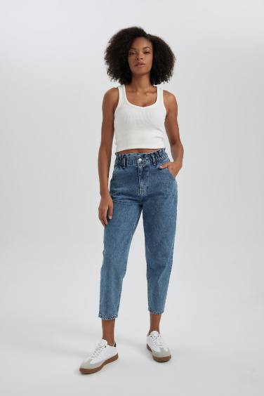 Paperbag High Waist Straight Leg Ankle Length Jeans