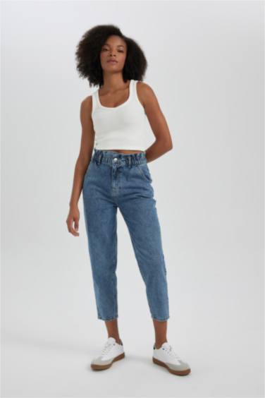 Paperbag High Waist Straight Leg Ankle Length Jeans