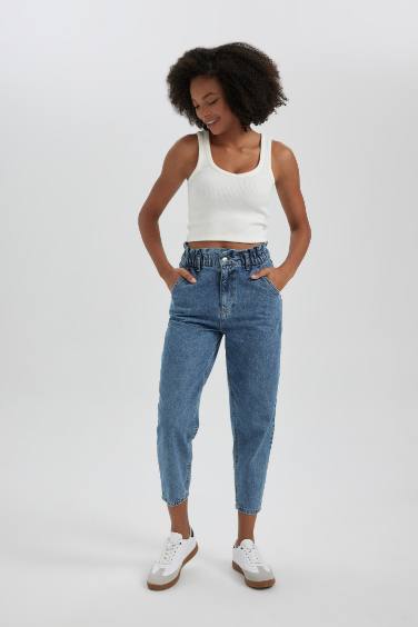 Paperbag High Waist Straight Leg Ankle Length Jeans