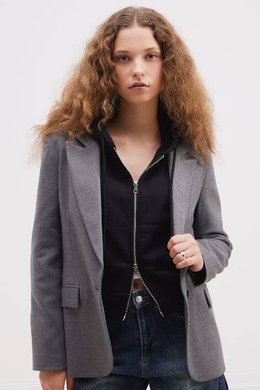 Oversize Fit Button Closure Basic Blazer Jacket