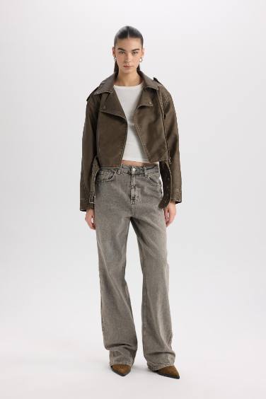 Relax Fit Kruvaze Yaka Kemerli Fermuarlı Suni Deri Ceket Mont