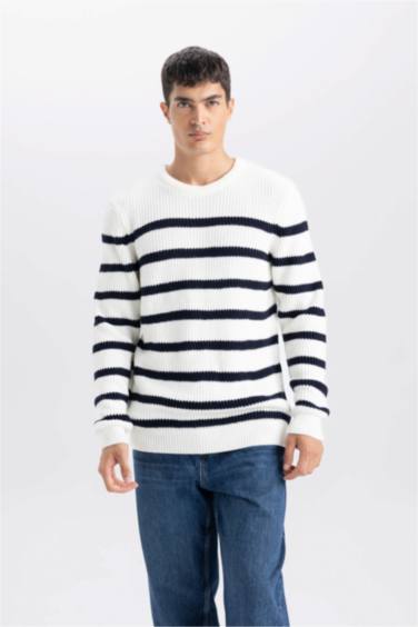 Standart Fit Normal Kesim Bisiklet Yaka Çizgili Triko Kazak