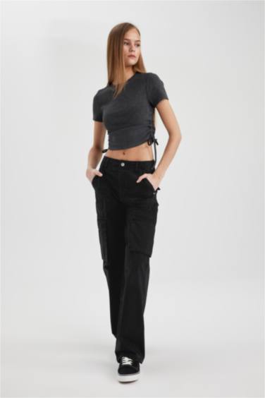 Gabardin Pantolon Straight Fit Standart Boy Yüksek Bel Kargo Cepli