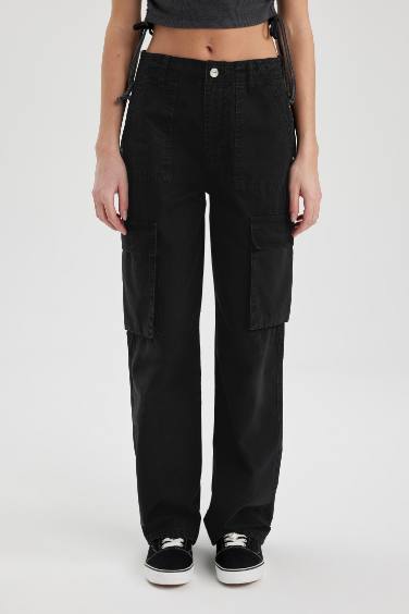 Gabardin Pantolon Straight Fit Standart Boy Yüksek Bel Kargo Cepli