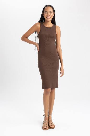 Bodycon Halter Collar Ribana Sleeveless Midi Dress