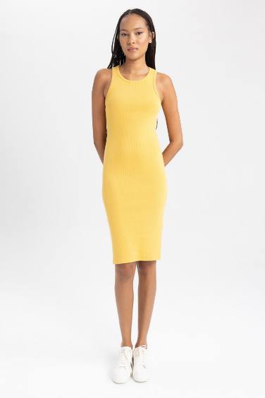 Bodycon Halter Collar Ribana Sleeveless Midi Dress