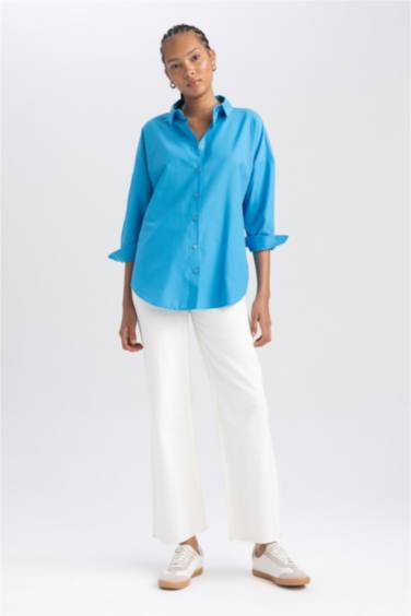 Oversize Fit Poplin Shirt Collar Long Sleeve Tunic