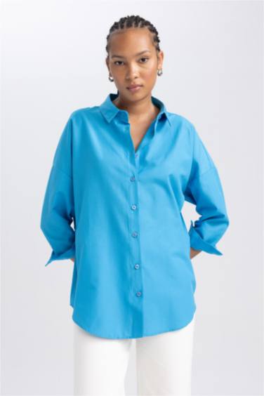 Oversize Fit Poplin Shirt Collar Long Sleeve Tunic