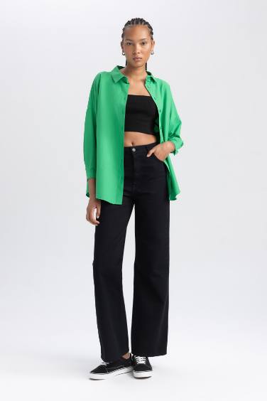 Oversize Fit Poplin Shirt Collar Long Sleeve Tunic