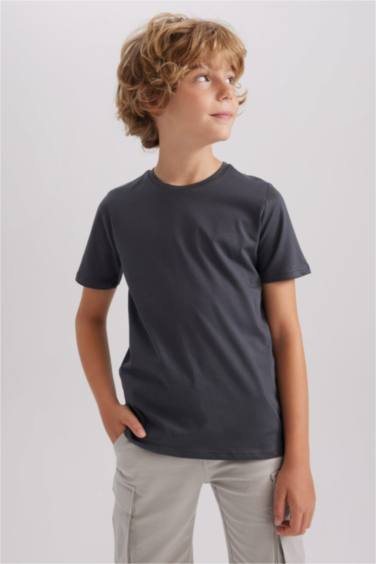 Erkek Çocuk Bisiklet Yaka Basic Düz Kısa Kollu Tişört