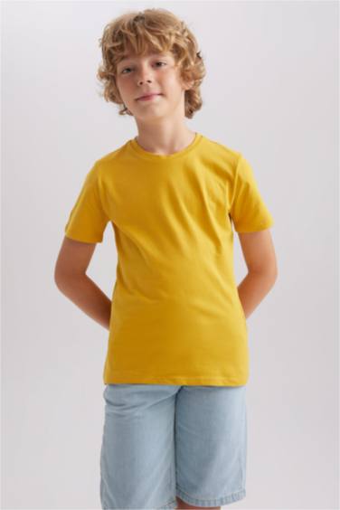 Erkek Çocuk Bisiklet Yaka Basic Düz Kısa Kollu Tişört