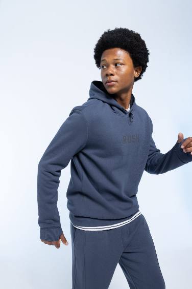 DeFactoFit Standard Fit Hooded Printed Thick Sweatshirt