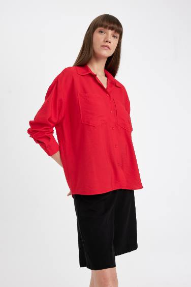 Oversize Geniş Kalıp Basic Düz Kırmızı Uzun Kollu Gömlek