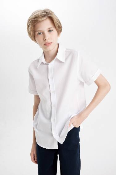 Boy Textured White Short Sleeve School Shirt