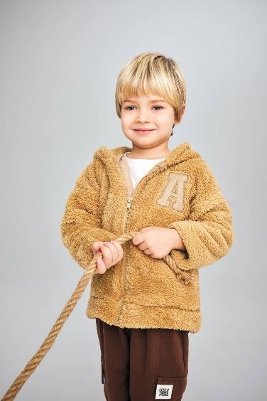 Baby Boy Regular Fit Hooded Slogan Printed Plush Cardigan