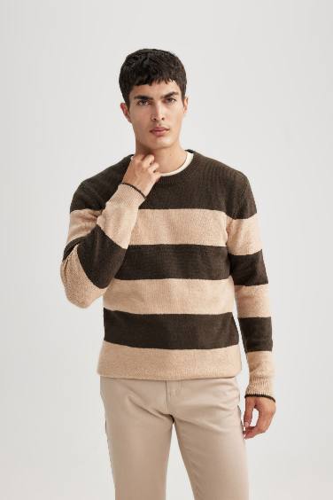 Relax Fit Crew Neck Selanik Fabric Striped Knitted Pullover