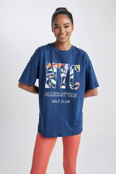 Oversize Fit Crew Neck Slogan Short Sleeve T-Shirt