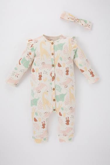 Baby Girl Newborn Safari Printed Waffle 2 Piece Jumpsuit