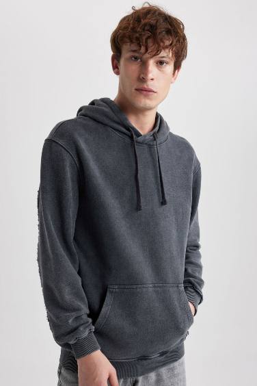 Black Regular Fit Hooded Washed Effect Sweatshirt