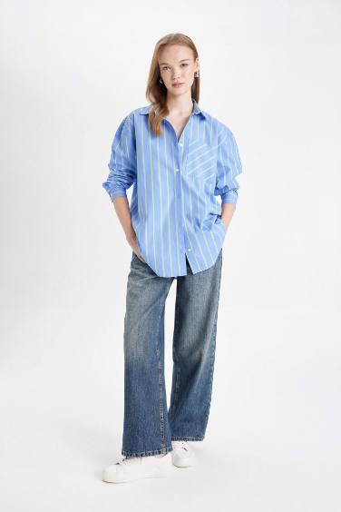 Chemise À Manches Longues En Tricot Popeline Rayée Col De Chemise