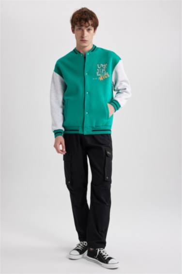 Oversize Fit Bomber Collar Slogan Soft Hairy Inside Cardigan